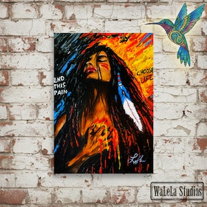 Ella eligió la vida. Impresión GICLÉE mate / Retrato emotivo de mujer / Pintura expresionista nativa americana / Arte sobre salud mental / Arte mural con simbolismo del fuego.