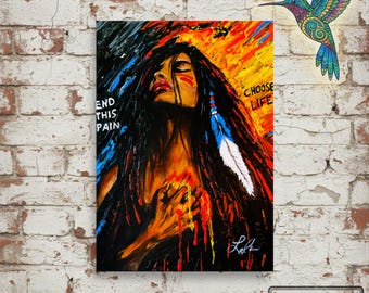 Ella eligió la vida. Impresión GICLÉE mate / Retrato emotivo de mujer / Pintura expresionista nativa americana / Arte sobre salud mental / Arte mural con simbolismo del fuego.