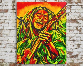 Impresión giclée sobre lienzo de Bob Marley – Voz en color – Arte mural reggae – Arte rastafari – Retrato de leyenda musical – Cultural