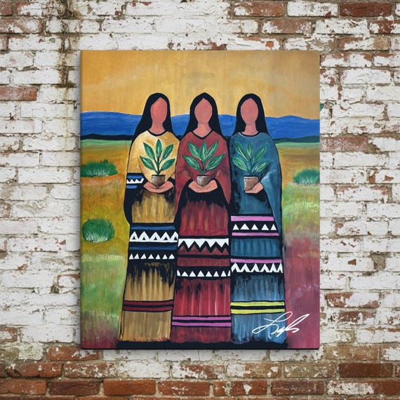 Cherokee Nation Canvas , Three Women Unity (Hand-Stretched) | Museum-quality Fine Art Giclée by Layne Polzin
