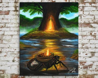 First Fire Cherokee Canvas Print – Water Spider Story, Native American Spiritual Painting, Symbolic Fire Artwork