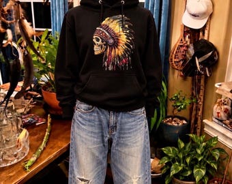 Warrior Skull Headdress Slumber  Hoodie | Layne Polzin Art | Cotton Face | Front Pouch | 3-Panel Hood