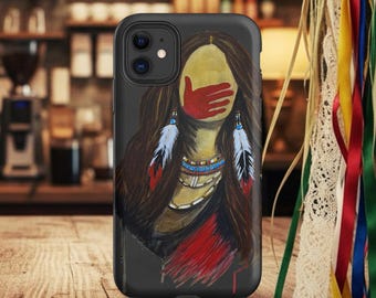 MMIW Red Hand Painting Tough Case for iPhone®, Silenced Not Forgotten, Native American Woman Art, Indigenous Awareness Artwork
