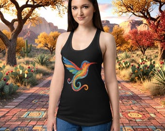 Vintage Hummingbird Spirit Women’s fitted racerback tank top | Native Inspired Art Shirt | Distressed Boho Wildlife Graphic Tank Top