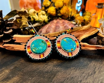 Big Aunties Turquoise and Tango Rosettes | Kingman Turquoise Beaded Rosette Earrings, Handmade Statement Jewelry