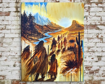 May include: A square canvas painting depicting a desert landscape with a group of figures walking along a path towards a bright sun. The scene features tall cacti, a winding blue river, distant mountains, and a signature in the bottom right corner.