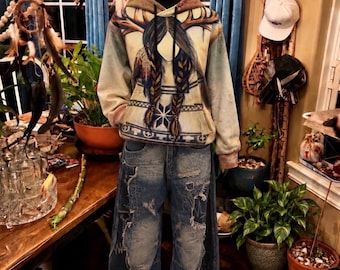 Deer Woman Wrap Slumber Hoodie - Tribal Myth Art, Soft Fleece