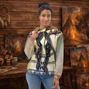 Sudadera con capucha estampada con el espíritu nativo de la Mujer Ciervo – Pintura de guardián sagrado inspirada en los Cherokee / Arte mural de la mitología indígena