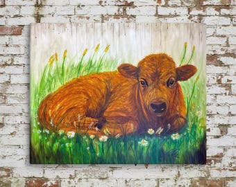 Little Red Coat and the Oat Grass | Bison Calf Wall Art | Contemporary Indigenous Fine Art | Museum-quality Fine Art Giclée by Layne Polzin