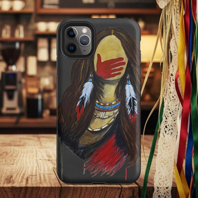 MMIW Red Hand Painting Tough Case for iPhone®, Silenced Not Forgotten, Native American Woman Art, Indigenous Awareness Artwork