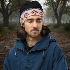 Gorro geométrico nativo americano con estampado estilo cherokee, cálido gorro unisex de invierno de Walela Studios
