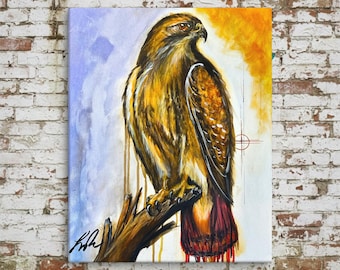 The Watcher Above the Pines | Red-Tailed Hawk Native Art | Contemporary Indigenous Fine Art | Museum-quality Fine Art Giclée by Layne Polzin