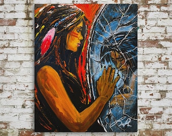 Impresión Giclée sobre Lienzo "Reflejo Fragmentado", Pintura de Autorreflexión Emocional, Arte de Espejo de Mujer Nativa, Obra de Arte Sanadora, Profundo Significado