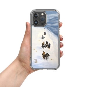 May include: Clear phone case featuring a painting of people on horseback traveling through a snowy landscape. The artwork depicts figures in dark clothing against a white and blue backdrop, with a mountain in the background.