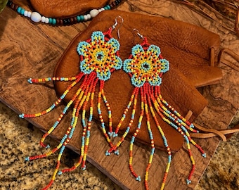 Cherokee Wild-Stitched Blooms | Hand Beaded Long Fringe Earrings | Turquoise Red Orange Yellow Statement Earrings | Native Jewelry