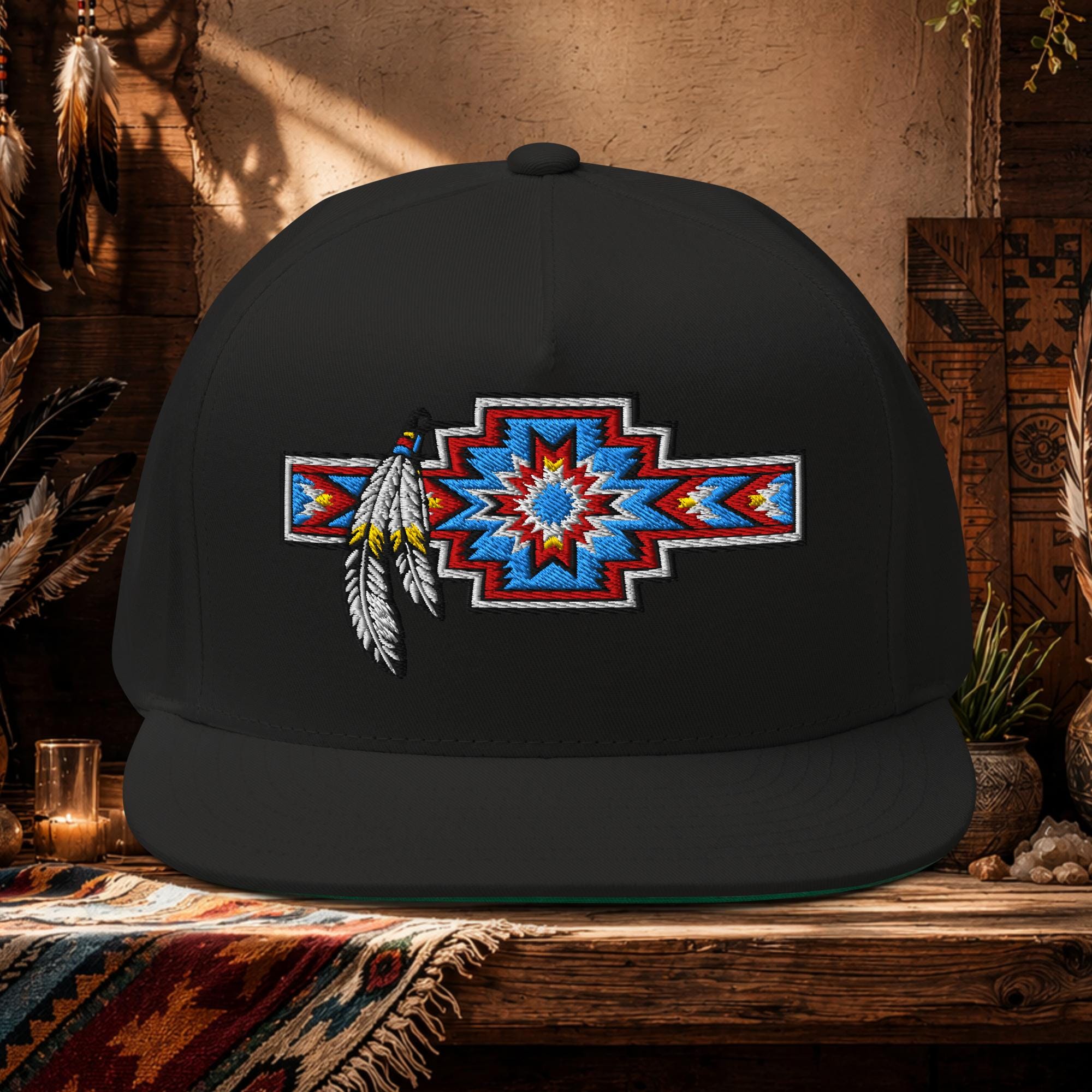 Aztec Feather Hat | Native Style Flat Bill Cap | Embroidered Snapback ...