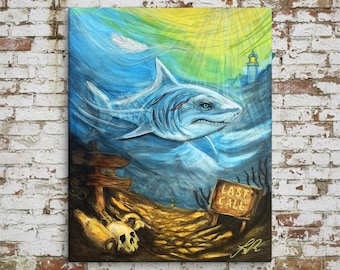 Last Call Shark Canvas Print – Sobriety Recovery Art, Native Spiritual Ocean Artwork, Symbolic Healing Canvas, Addiction Recovery Wall Art