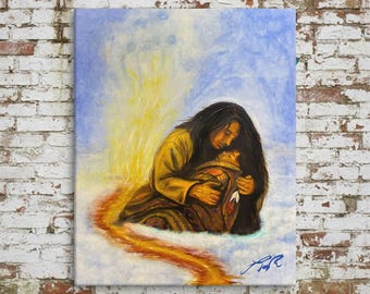Lienzo impreso de Wounded Knee, pintura espiritual de madre e hijo nativos americanos, arte mural conmemorativo indígena, obra de arte de recuerdo, WaLeLa Studios
