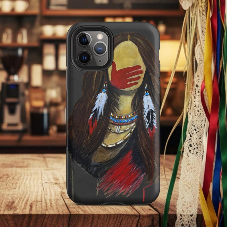MMIW Red Hand Painting Tough Case for iPhone®, Silenced Not Forgotten, Native American Woman Art, Indigenous Awareness Artwork