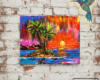 Tropical Breeze Sunset Palm Giclée Print | Colorful Island Seascape Art | Vibrant Coastal Wall Decor