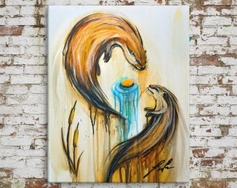 2 Otters, 1 Memory Stone | Otter Ancestral Art | Contemporary Indigenous Fine Art | Museum-quality Fine Art Giclée by Layne Polzin