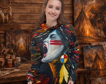 Sudadera con capucha "She Carries Fire" – Expresionismo nativo americano / Símbolo de la fuerza, la liberación y la transformación femenina.