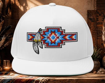 Gorro de plumas aztecas / Gorra de visera plana estilo nativo / Cierre ajustable bordado / Diseño tribal del suroeste / Gorra Yupon 6007