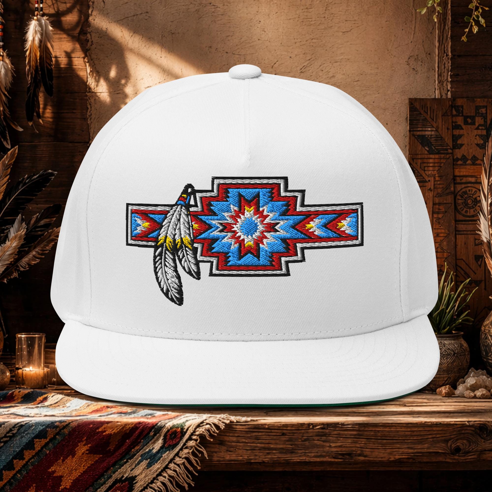 Aztec Feather Hat | Native Style Flat Bill Cap | Embroidered Snapback ...