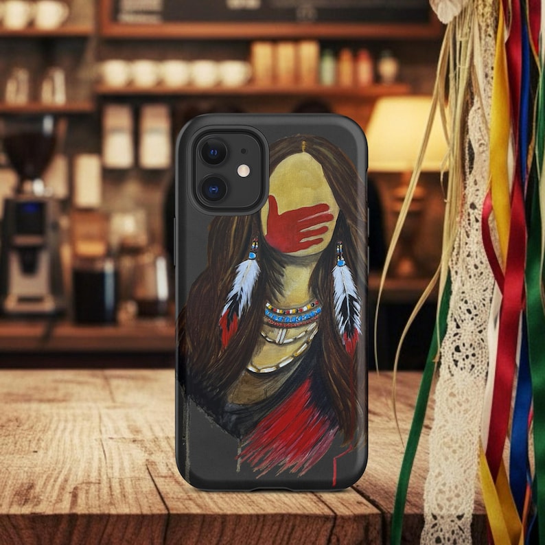 MMIW Red Hand Painting Tough Case for iPhone®, Silenced Not Forgotten, Native American Woman Art, Indigenous Awareness Artwork