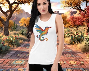 Vintage Hummingbird Spirit Ladies’ Muscle Tank | Native Inspired Art Shirt | Distressed Boho Wildlife Graphic