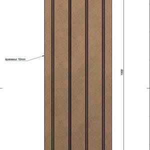 May include: A rectangular brown wood panel featuring four vertical grooves. Technical specifications include a width of 400mm, a height of 1000mm, a thickness of 10mm, a groove depth of 3mm, and a spacing of 83.9mm between the vertical grooves.
