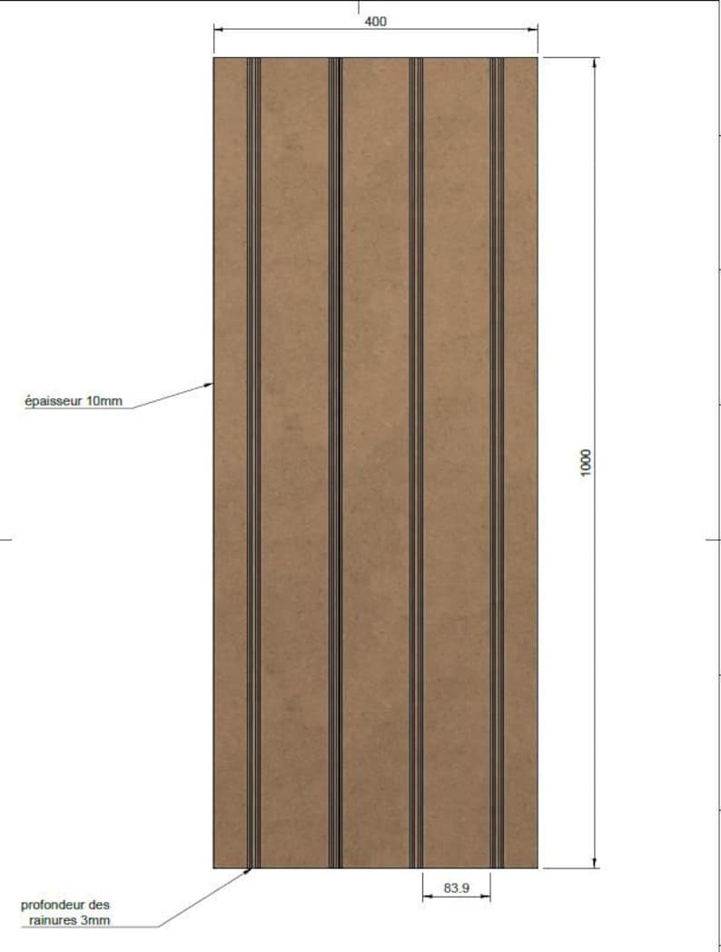 May include: A rectangular brown wood panel featuring four vertical grooves. Technical specifications include a width of 400mm, a height of 1000mm, a thickness of 10mm, a groove depth of 3mm, and a spacing of 83.9mm between the vertical grooves.