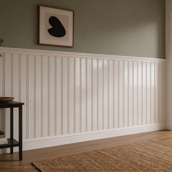 Panneau Mural MDF Prêt à Peindre | Soubassement Rainuré Double Lame | Lambris Bois à Coller pour Couloir, Salon, Tête de Lit | Sur Mesure