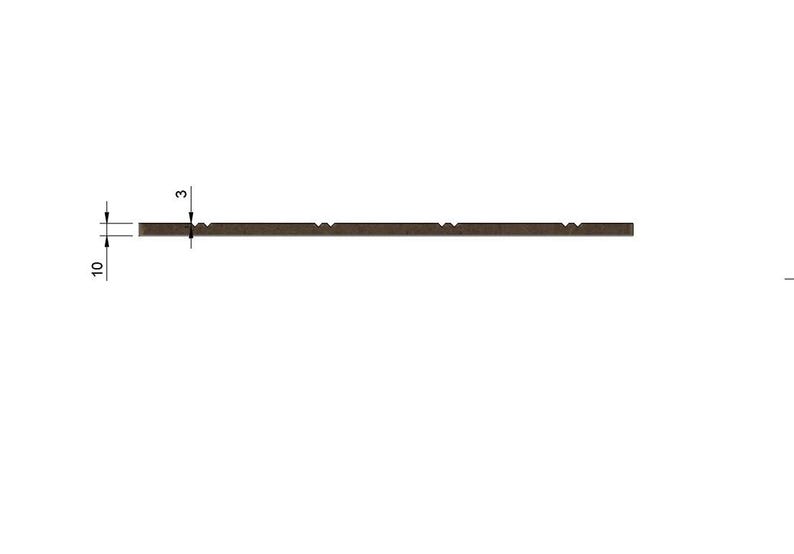 May include: A dark brown, flat, rectangular strip with a series of small, evenly spaced V-shaped notches along the top edge. Technical dimension lines indicate a thickness of 10 units and a notch depth of 3 units, providing a clear profile view.