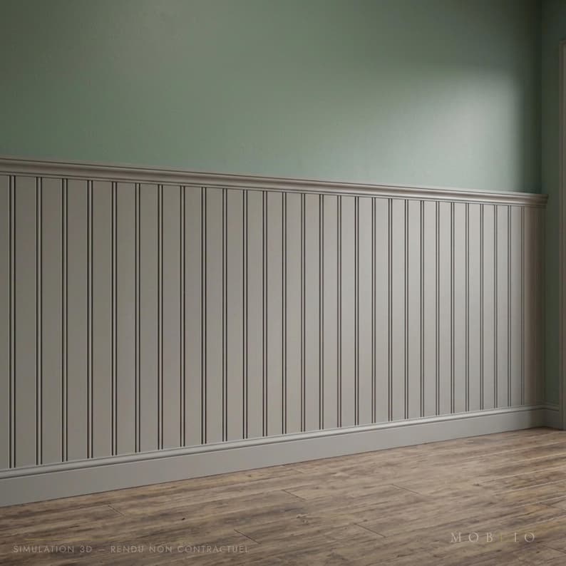 May include: Beige wainscoting wall paneling featuring vertical grooves and a horizontal top rail. The lower wall section is light beige, while the upper wall is painted in a muted sage green. The text SIMULATION 3D - RENDU NON CONTRACTUEL is visible.