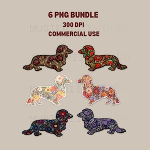 6 Dachshund Floral PNG Bundle, Weenie Fall Sublimation POD Design, Wiener Dog Clipart Set, Botanical Pet Lover Shirt Graphic, DTF Transfer