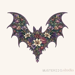 May include: A detailed illustration of a bat shape filled with colorful flowers. The bat's wings are a deep purple, and the flowers include white lilies, pink peonies, and various other blooms in shades of purple, red, and green. The text "MUSTERIIO.studio" is at the bottom.