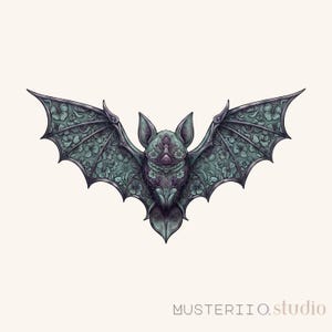 May include: A detailed illustration of a bat with outstretched wings. The bat is primarily teal and purple, with intricate floral patterns covering its wings and body. The image has a gothic or fantasy theme, with the text "MUSTERII O. studio" at the bottom.