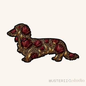 May include: A dachshund silhouette filled with burgundy floral elements and gold accents, set against a leopard print background. The design includes detailed petals and leaves, creating a decorative and artistic image.