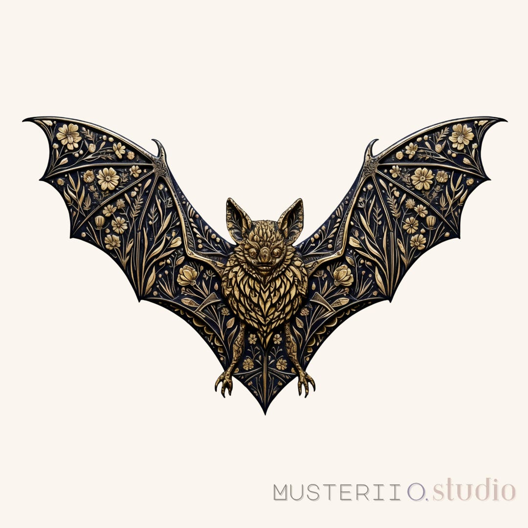Floral Bat Relief PNG, 3D Ornate Navy Gold Wildflower Bat Sublimation ...