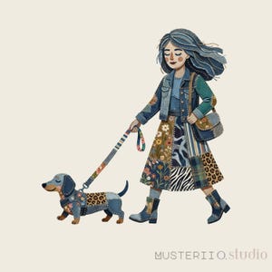 Può includere: Illustrazione di una persona che porta a spasso un cane bassotto. La persona indossa una giacca, una gonna e stivali in denim patchwork. Il cane ha un'imbracatura patchwork abbinata. La tavolozza dei colori include blu, verdi e motivi floreali.