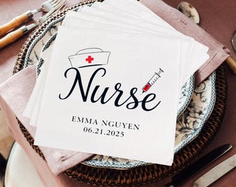 Custom Nurse Graduation Napkins, Custom RN Party Napkins, Nurse Cap & Syringe Design, Nursing School Grad Party Decor,Medical Theme Supplies