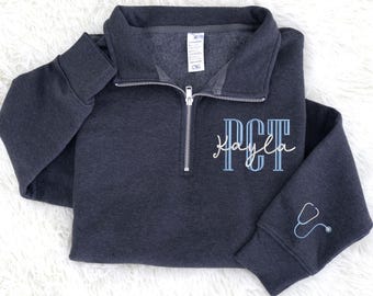Custom Embroidered PCT Quarter Zip Sweatshirt, Patient Care Technician Hoodie, Pct Patient Care Technician,  Pct Gift, RN Nurse Sweatshirt