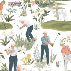 Golf Watercolor Seamless Pattern—Vintage Floral Golfer Fabric Design—Country Club Wallpaper