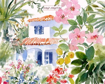 Watercolor Mediterranean Seamless Pattern, Bougainvillea Villa Floral Print, Amalfi Coast Wallpaper Fabric Design, Commercial Use