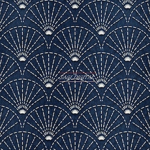 May include: A dark blue fabric featuring a repeating pattern of white stitched fan shapes. Each fan consists of radiating dashed lines that originate from a small solid white base. The text SAGI DIGITAL is printed in white in the centre.