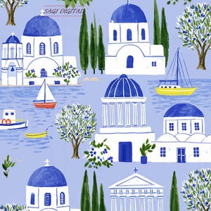 May include: A light blue patterned fabric featuring white buildings with blue domes, green cypress trees, olive trees, and various sailboats. The text SAGI DIGITAL is printed in the upper left corner. The design depicts a coastal landscape.