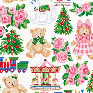 May include: A repeating pattern on a white background featuring watercolor-style illustrations of teddy bears, pink roses, green Christmas trees with red berries, a white rocking horse, a colorful toy train, and a carousel with the text SAGI DIGITAL.