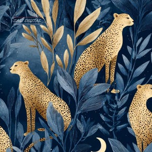 May include: A digital pattern featuring golden cheetahs with black spots interspersed among deep blue foliage and leaves. The design includes a small crescent moon and the text SAGI DIGITAL in the upper left corner against a dark navy background.