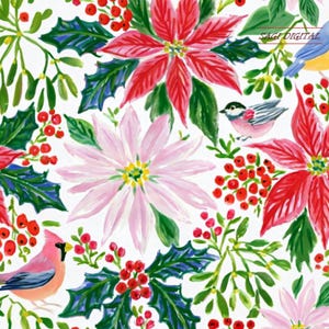 May include: A digital illustration featuring a repeating pattern of red and light pink poinsettia flowers, green holly leaves, clusters of red berries, and small birds including a cardinal and a chickadee. The text SAGI DIGITAL is visible.
